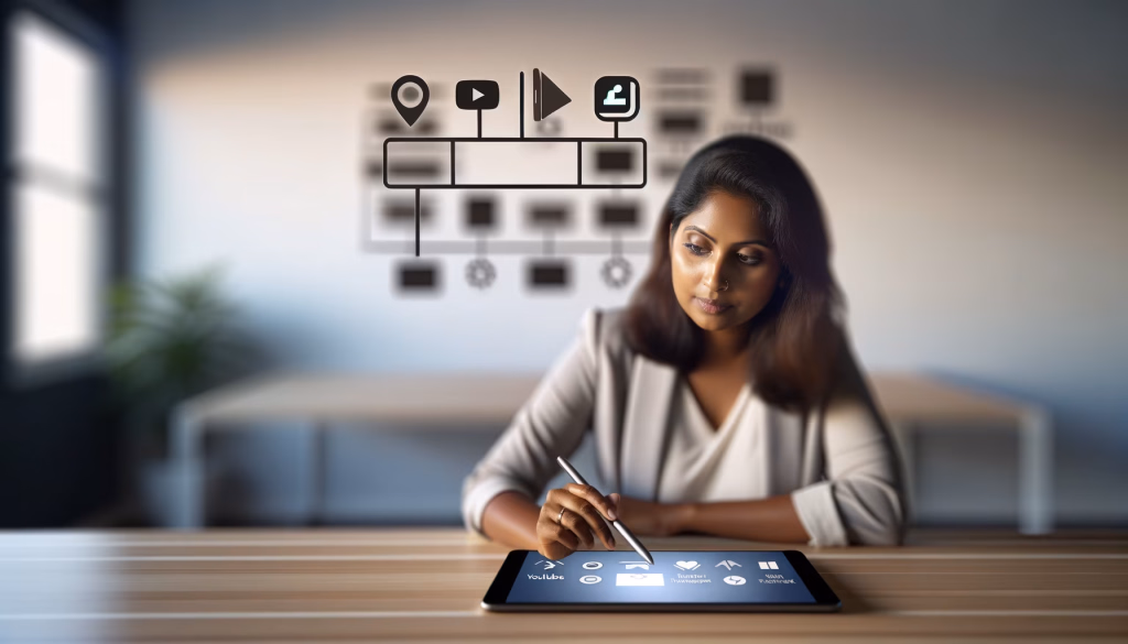 Im Zeitalter der digitalen Transformation sind effiziente Arbeitsabläufe und die strategische Planung von Inhalten entscheidend. Das Bild illustriert eine Fachkraft, die konzentriert ein Tablet nutzt, um ihre digitalen Projekte zu managen. Die grafische Überlagerung im Hintergrund symbolisiert einen strukturierten Prozess oder eine Zeitleiste – von der Ideenentwicklung über die Produktion (angedeutet durch Video-Icons) bis hin zur Veröffentlichung und Interaktion. Mit digitalen Tools wie Tablets und spezialisierten Anwendungen können Aufgaben organisiert, Inhalte erstellt und Kommunikationsstrategien umgesetzt werden, um kreative Visionen erfolgreich zu realisieren und die Produktivität zu steigern. *** **Alternativtext:** Eine fokussierte Frau nutzt ein Tablet und einen Stylus zur digitalen Planung, mit einer stilisierten Prozesskette und App-Symbolen im Hintergrund, die Workflow und Medienproduktion verdeutlichen.