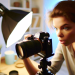 Eine junge Frau mit fokussiertem Blick hält eine Kamera, die auf einem Stativ montiert ist, während sie in einem gut beleuchteten Raum fotografiert.