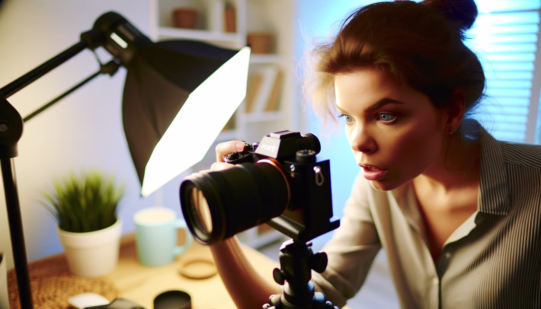 Eine junge Frau mit fokussiertem Blick hält eine Kamera, die auf einem Stativ montiert ist, während sie in einem gut beleuchteten Raum fotografiert.