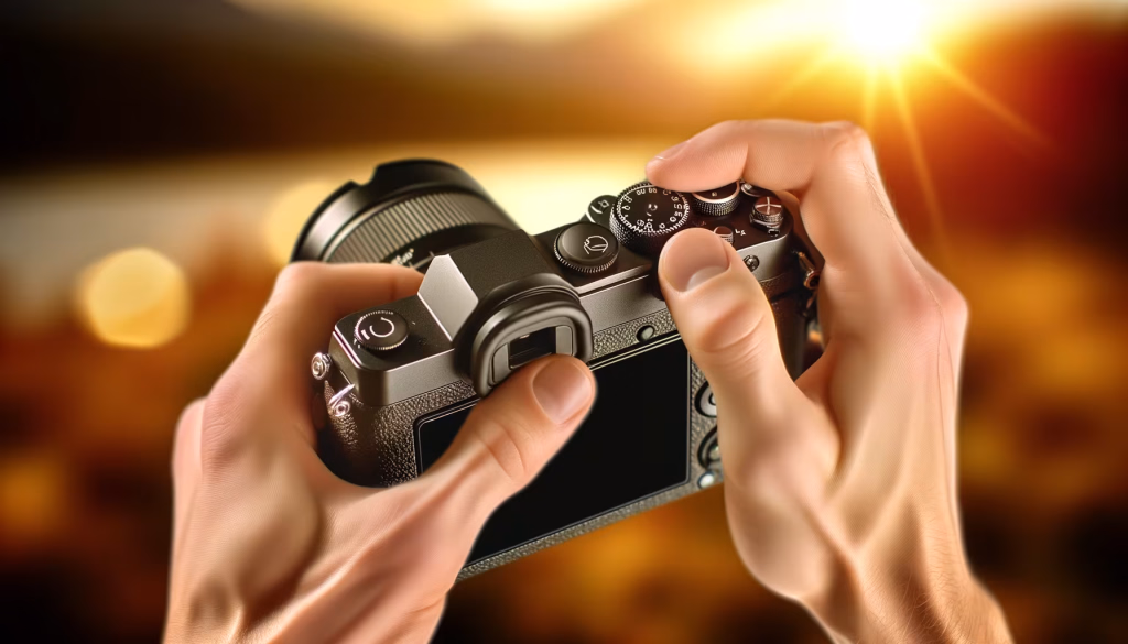 Hände halten eine Kamera und stellen ein Einstellrad ein, vor einem unscharfen, warmen Hintergrund mit Sonnenstrahlen und Bokeh-Lichtern.