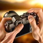 Hände halten eine Kamera und stellen ein Einstellrad ein, vor einem unscharfen, warmen Hintergrund mit Sonnenstrahlen und Bokeh-Lichtern.