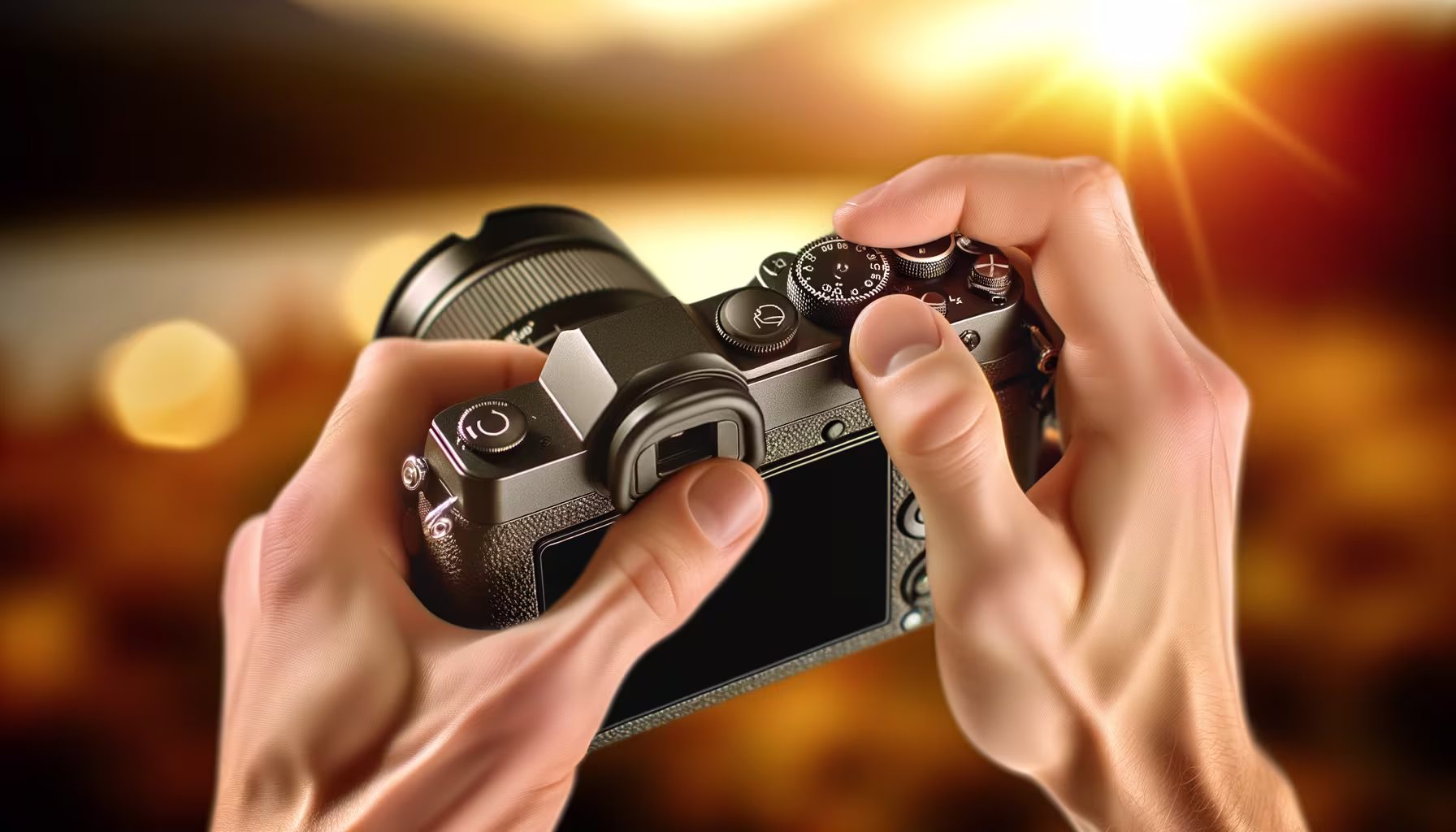 Hände halten eine Kamera und stellen ein Einstellrad ein, vor einem unscharfen, warmen Hintergrund mit Sonnenstrahlen und Bokeh-Lichtern.