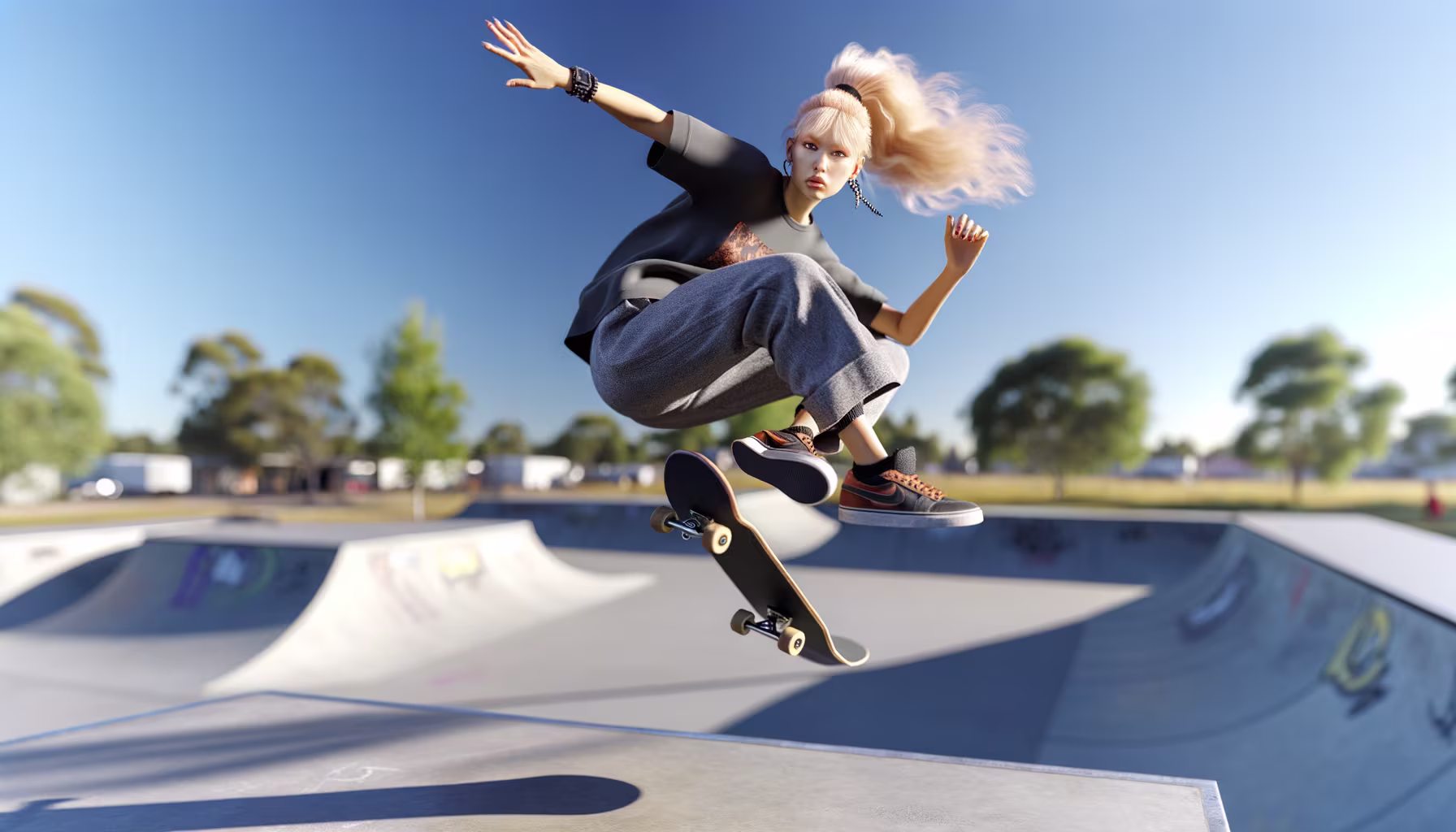 Eine junge Frau mit blondem Pferdeschwanz schwebt über ihrem Skateboard, während sie einen Trick in einem sonnigen Skatepark ausführt.