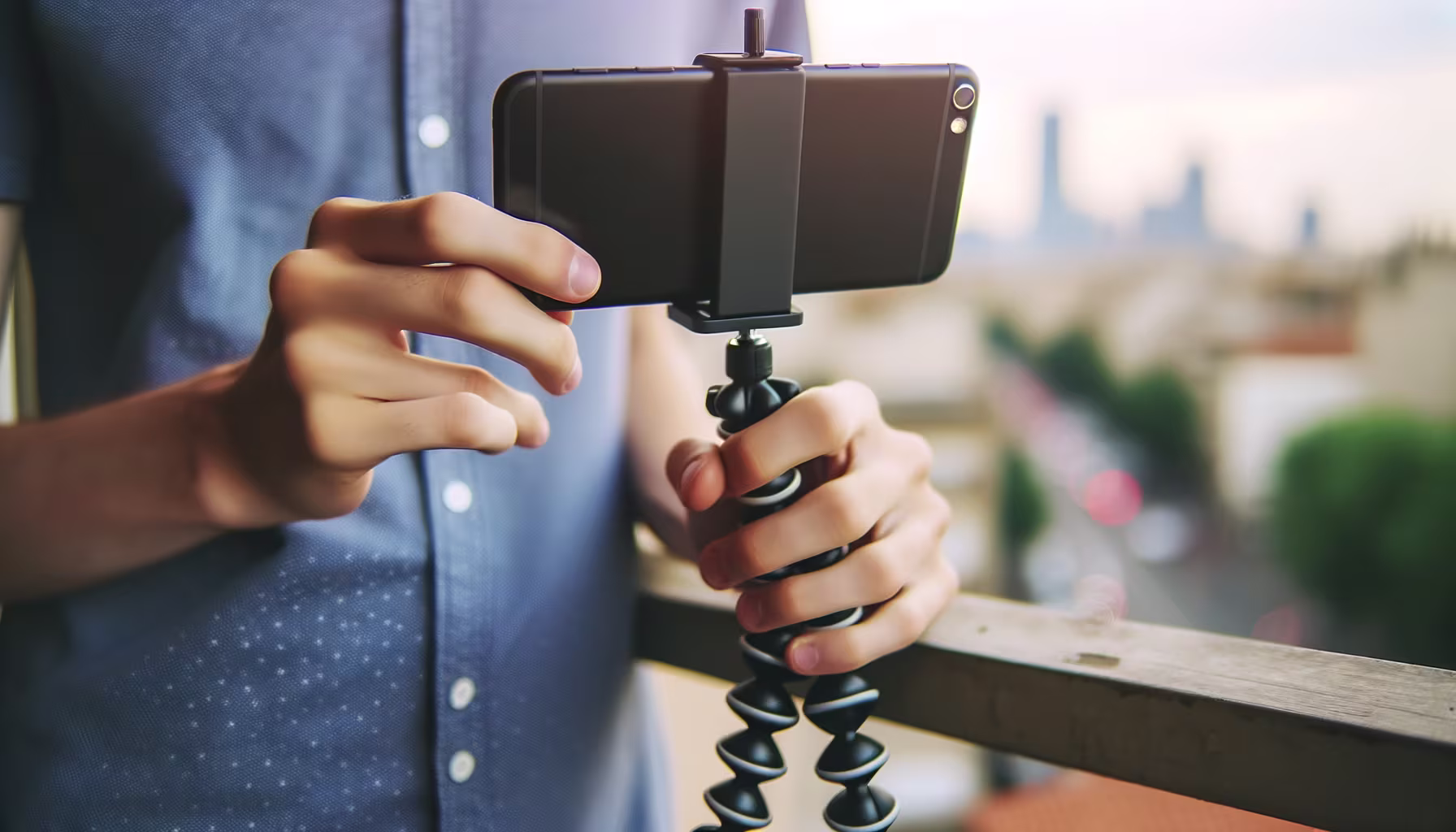 Eine Person hält ein Smartphone, das auf einem flexiblen Stativ montiert ist, bereit für Aufnahmen vor einer unscharfen Stadtlandschaft.