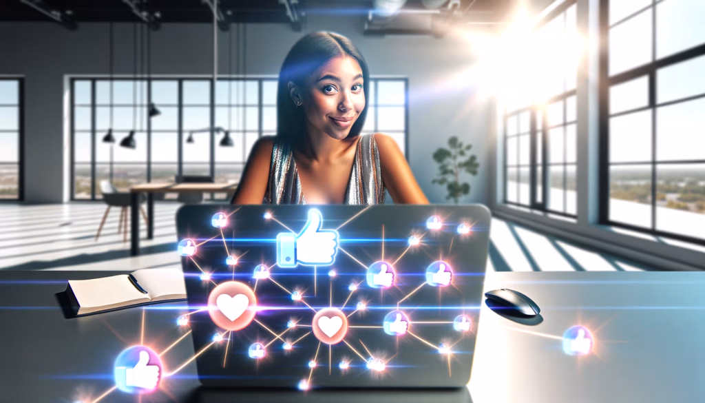 **Textvorschlag:** Eine junge Frau strahlt in die Kamera, während sie an ihrem Laptop arbeitet, dessen Bildschirm ein dynamisches Netzwerk aus leuchtenden „Gefällt mir“-Daumen und Herzen zeigt. Diese Symbole für Likes und positive Reaktionen schweben im Raum und sind miteinander verbunden, was die Reichweite und Vernetzung in sozialen Medien oder digitalen Kampagnen illustriert. Der helle, moderne Büroarbeitsplatz mit großen Fenstern im Hintergrund betont die zeitgemäße Umgebung für diese digitale Interaktion. Das Bild fängt die Essenz der Online-Begeisterung und des Aufbaus einer engagierten Community ein, wo jede Interaktion zählt und zu einer größeren Resonanz führt. **Alternativtext:** Junge Frau blickt lächelnd hinter einem Laptop hervor, dessen Bildschirm ein leuchtendes Netzwerk aus Herz- und Daumen-hoch-Symbolen zeigt, in einem hellen Büro.