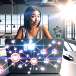 **Textvorschlag:** Eine junge Frau strahlt in die Kamera, während sie an ihrem Laptop arbeitet, dessen Bildschirm ein dynamisches Netzwerk aus leuchtenden „Gefällt mir“-Daumen und Herzen zeigt. Diese Symbole für Likes und positive Reaktionen schweben im Raum und sind miteinander verbunden, was die Reichweite und Vernetzung in sozialen Medien oder digitalen Kampagnen illustriert. Der helle, moderne Büroarbeitsplatz mit großen Fenstern im Hintergrund betont die zeitgemäße Umgebung für diese digitale Interaktion. Das Bild fängt die Essenz der Online-Begeisterung und des Aufbaus einer engagierten Community ein, wo jede Interaktion zählt und zu einer größeren Resonanz führt. **Alternativtext:** Junge Frau blickt lächelnd hinter einem Laptop hervor, dessen Bildschirm ein leuchtendes Netzwerk aus Herz- und Daumen-hoch-Symbolen zeigt, in einem hellen Büro.