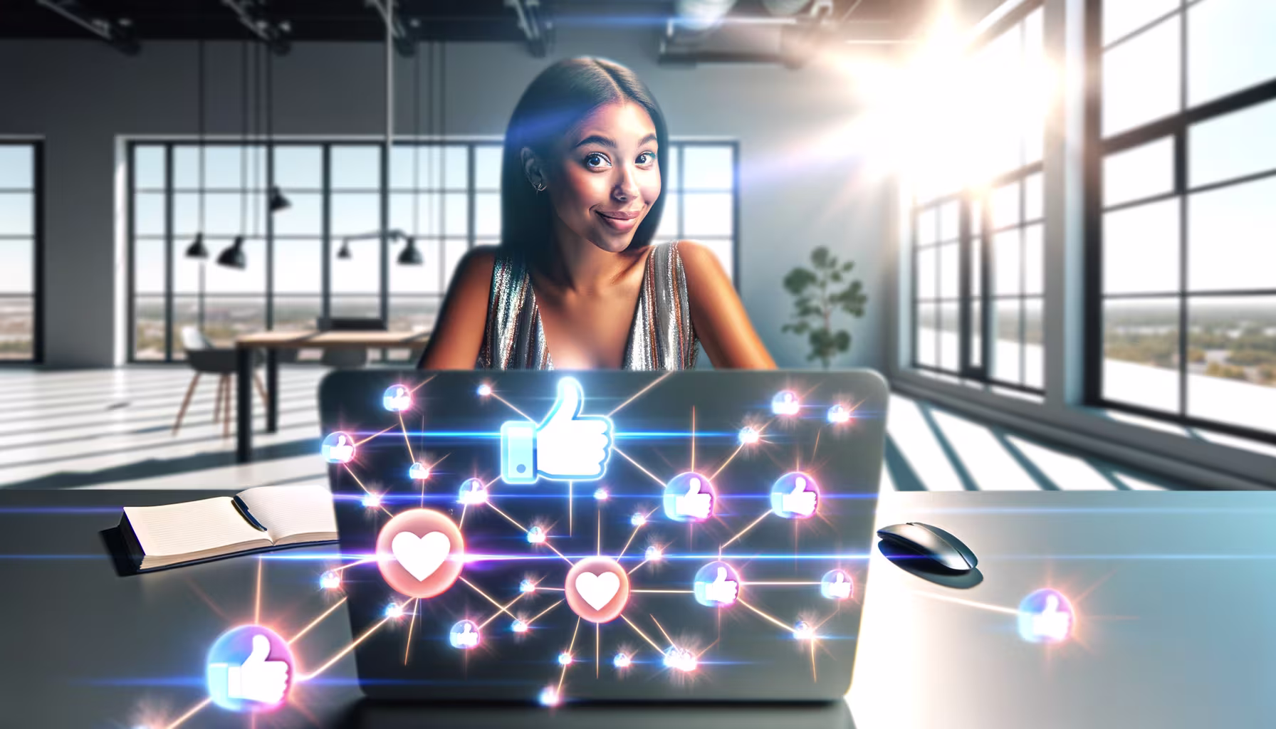 **Textvorschlag:** Eine junge Frau strahlt in die Kamera, während sie an ihrem Laptop arbeitet, dessen Bildschirm ein dynamisches Netzwerk aus leuchtenden „Gefällt mir“-Daumen und Herzen zeigt. Diese Symbole für Likes und positive Reaktionen schweben im Raum und sind miteinander verbunden, was die Reichweite und Vernetzung in sozialen Medien oder digitalen Kampagnen illustriert. Der helle, moderne Büroarbeitsplatz mit großen Fenstern im Hintergrund betont die zeitgemäße Umgebung für diese digitale Interaktion. Das Bild fängt die Essenz der Online-Begeisterung und des Aufbaus einer engagierten Community ein, wo jede Interaktion zählt und zu einer größeren Resonanz führt. **Alternativtext:** Junge Frau blickt lächelnd hinter einem Laptop hervor, dessen Bildschirm ein leuchtendes Netzwerk aus Herz- und Daumen-hoch-Symbolen zeigt, in einem hellen Büro.