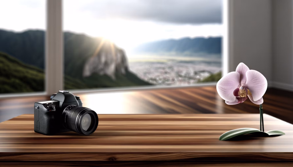 Eine schwarze Kamera und eine rosa Orchidee stehen auf einem Holztisch vor dem Hintergrund einer sonnigen Berg- und Stadtlandschaft, die durch ein Fenster sichtbar ist.