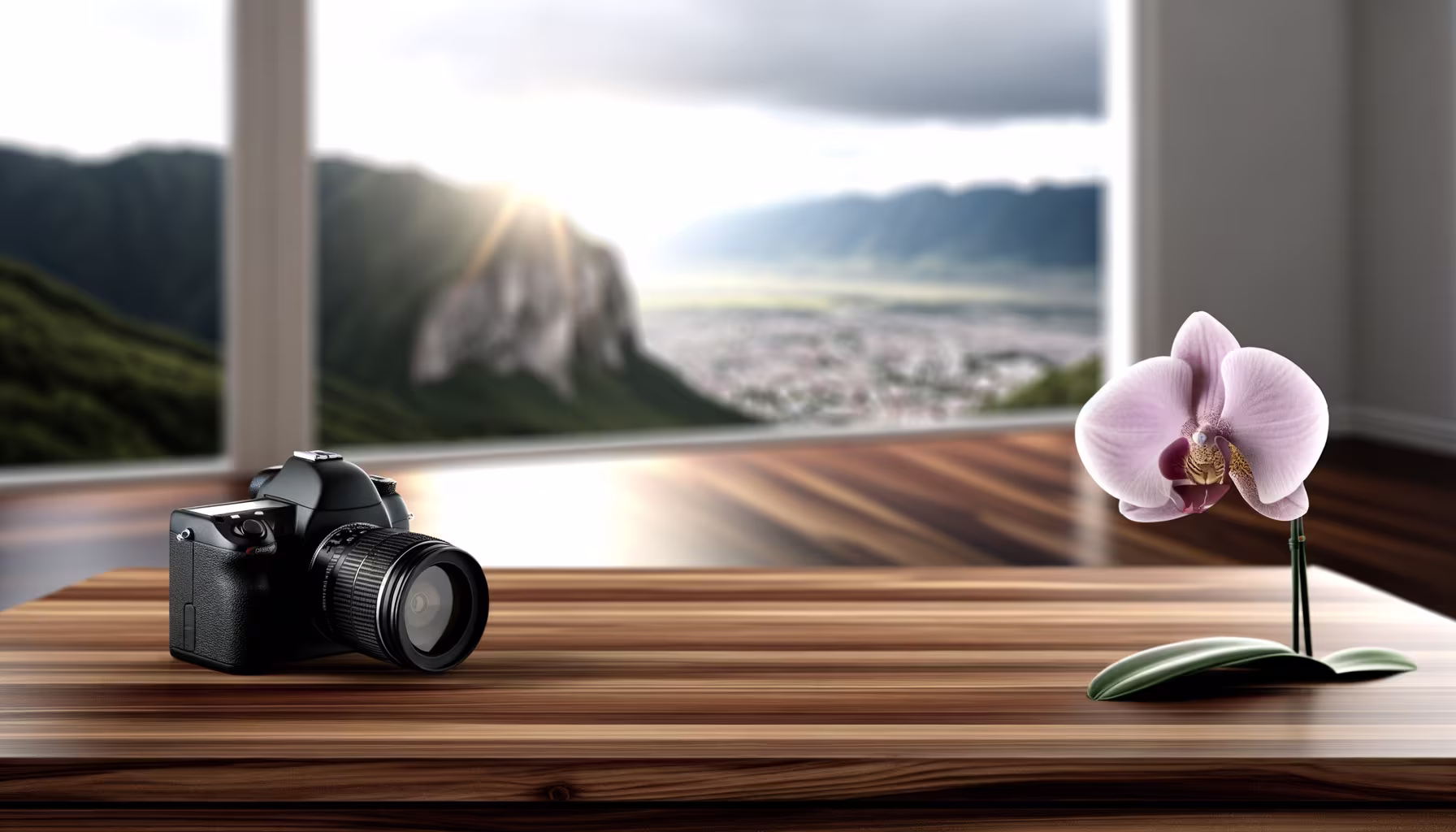 Eine schwarze Kamera und eine rosa Orchidee stehen auf einem Holztisch vor dem Hintergrund einer sonnigen Berg- und Stadtlandschaft, die durch ein Fenster sichtbar ist.