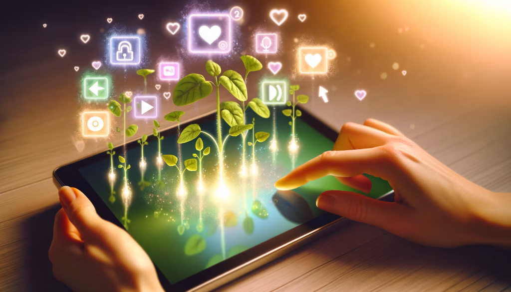 Hände bedienen ein Tablet, aus dessen Bildschirm leuchtende Pflanzen und digitale Symbole wie Herzen und soziale Medien-Icons aufsteigen, was digitales Wachstum und Interaktion symbolisiert.