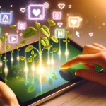 Hände bedienen ein Tablet, aus dessen Bildschirm leuchtende Pflanzen und digitale Symbole wie Herzen und soziale Medien-Icons aufsteigen, was digitales Wachstum und Interaktion symbolisiert.