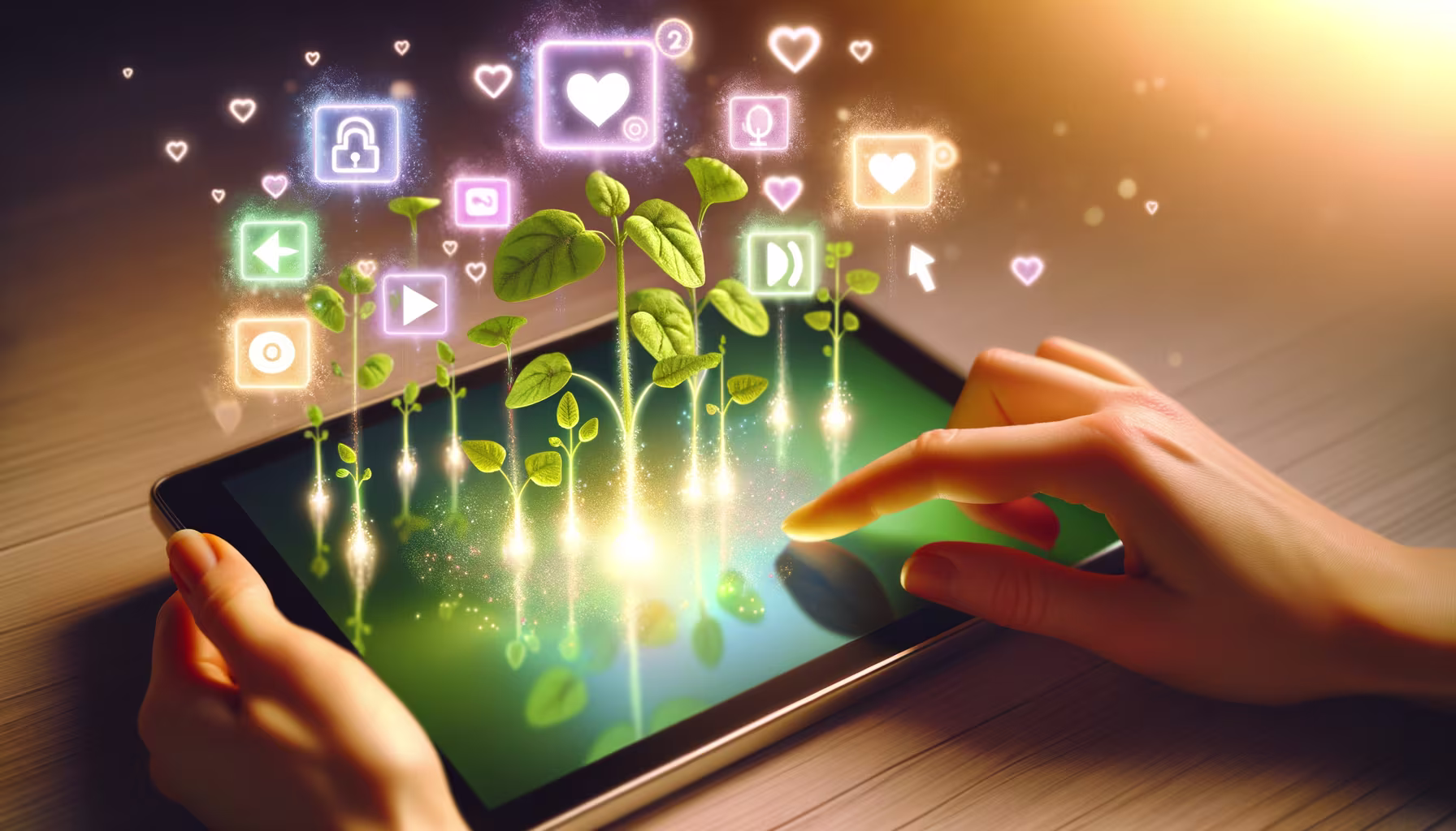 Hände bedienen ein Tablet, aus dessen Bildschirm leuchtende Pflanzen und digitale Symbole wie Herzen und soziale Medien-Icons aufsteigen, was digitales Wachstum und Interaktion symbolisiert.