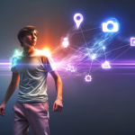 Alternativtext: Ein junger Mann, umgeben von farbigem Leuchten, ist mit einem Netzwerk aus digitalen Symbolen wie Standort, Kamera und Profil verbunden.