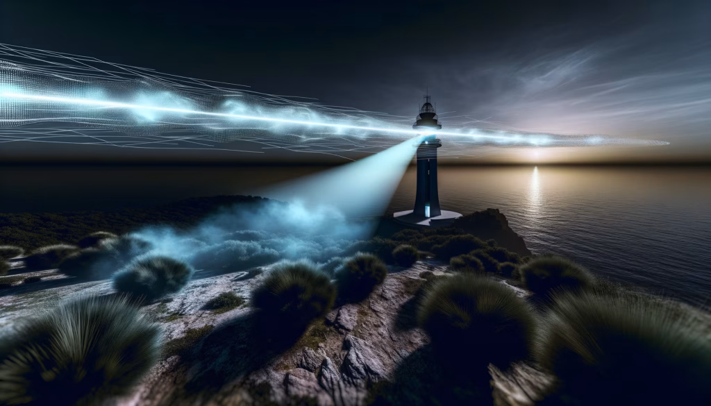 Ein Leuchtturm auf einer Felsklippe, dessen blauer Lichtstrahl sich als digitaler Datenstrom über das Meer bis zum Horizont erstreckt.