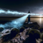 Ein Leuchtturm auf einer Felsklippe, dessen blauer Lichtstrahl sich als digitaler Datenstrom über das Meer bis zum Horizont erstreckt.