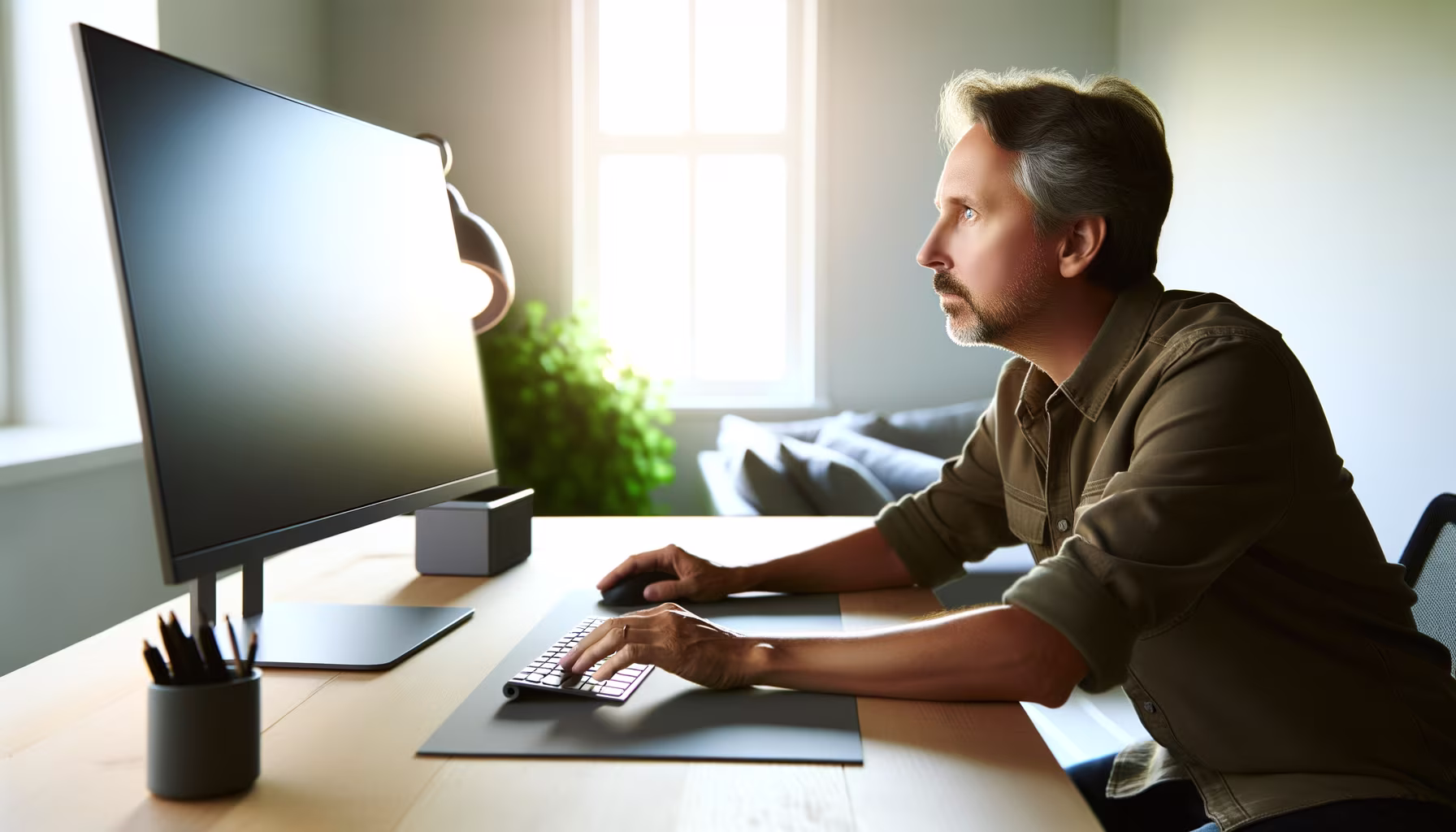 Ein Mann konzentriert sich beim Arbeiten auf den Bildschirm seines Computers, während er an einem hellen Schreibtisch sitzt.