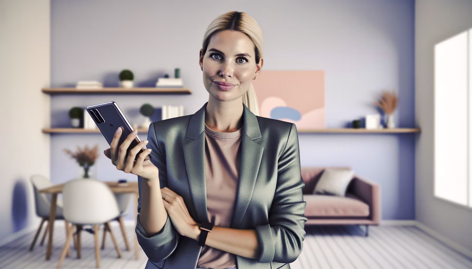 **Vorgeschlagener Text:** **Titel:** Smarte Arbeitsweise: Wie Ihr Smartphone zum Produktivitäts-Booster wird **Einleitung:** In der heutigen, schnelllebigen Arbeitswelt ist das Smartphone mehr als nur ein Kommunikationsmittel – es ist ein unverzichtbarer Begleiter, der bei richtiger Nutzung Ihre Produktivität erheblich steigern kann. Doch wie integriert man das mobile Gerät optimal in den Berufsalltag, ohne sich von ständigen Benachrichtigungen ablenken zu lassen? Dieser Beitrag zeigt Ihnen, wie Sie Ihr Smartphone gezielt einsetzen, um effizienter zu arbeiten, organisiert zu bleiben und einen professionellen Eindruck zu hinterlassen. --- **Alternativtext:** Eine lächelnde Frau in einem grauen Blazer hält ein Smartphone in der Hand, mit einem modernen Büro im Hintergrund.