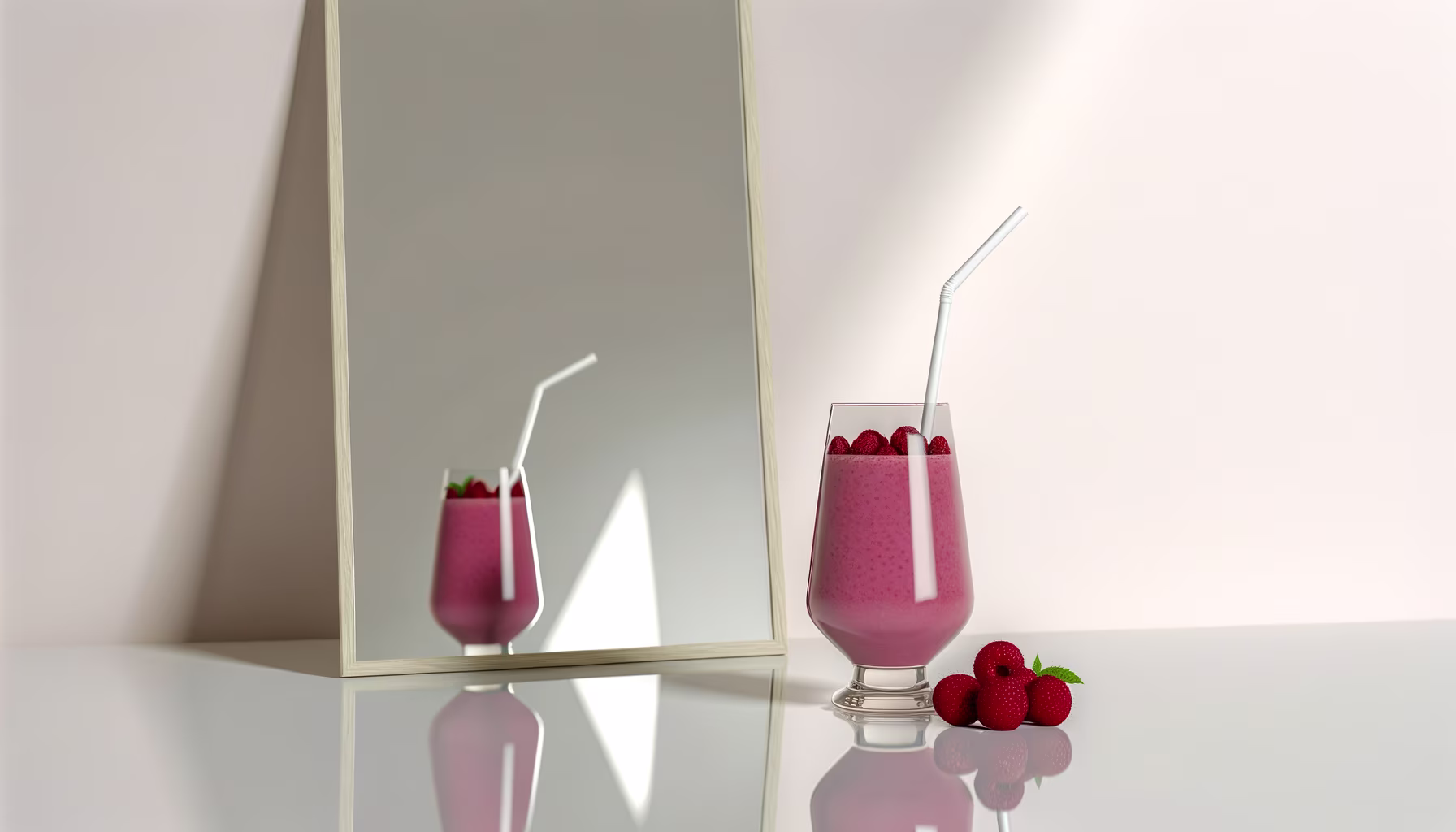 Ein Glas Himbeer-Smoothie mit Strohhalm und frischen Himbeeren, neben einem Spiegel auf einer reflektierenden Oberfläche.