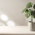 Monstera-Pflanze auf einem Tisch vor einer hellen Wand mit Sonnenlichtflecken.