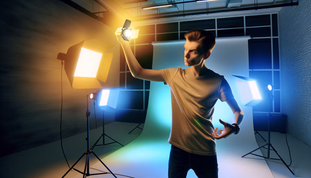 In einem dynamisch beleuchteten Fotostudio hält ein junger Mann konzentriert eine kleine Lichtquelle in die Höhe. Um ihn herum tauchen warmes orangefarbenes und kühles blaues Studiolicht den Raum in eine dramatische Atmosphäre, während er die Lichtsetzung feinabstimmt. **Alternativtext:** Ein junger Mann in einem Fotostudio hält eine kleine Lichtquelle in die Höhe, während ihn warmes und kühles Studiolicht umgibt.