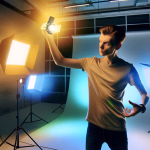In einem dynamisch beleuchteten Fotostudio hält ein junger Mann konzentriert eine kleine Lichtquelle in die Höhe. Um ihn herum tauchen warmes orangefarbenes und kühles blaues Studiolicht den Raum in eine dramatische Atmosphäre, während er die Lichtsetzung feinabstimmt. **Alternativtext:** Ein junger Mann in einem Fotostudio hält eine kleine Lichtquelle in die Höhe, während ihn warmes und kühles Studiolicht umgibt.