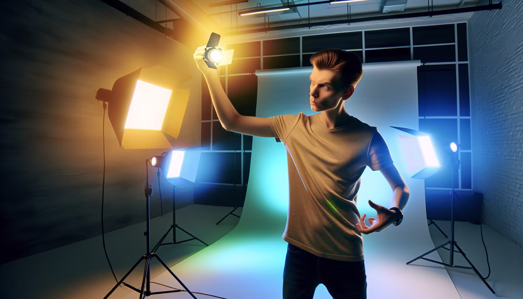In einem dynamisch beleuchteten Fotostudio hält ein junger Mann konzentriert eine kleine Lichtquelle in die Höhe. Um ihn herum tauchen warmes orangefarbenes und kühles blaues Studiolicht den Raum in eine dramatische Atmosphäre, während er die Lichtsetzung feinabstimmt. **Alternativtext:** Ein junger Mann in einem Fotostudio hält eine kleine Lichtquelle in die Höhe, während ihn warmes und kühles Studiolicht umgibt.