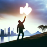 Silhouette einer Person, die auf einem Hügel nach einem leuchtenden Daumen-hoch-Symbol im Himmel greift, mit einer modernen Stadt am Wasser und Bergen im Hintergrund.