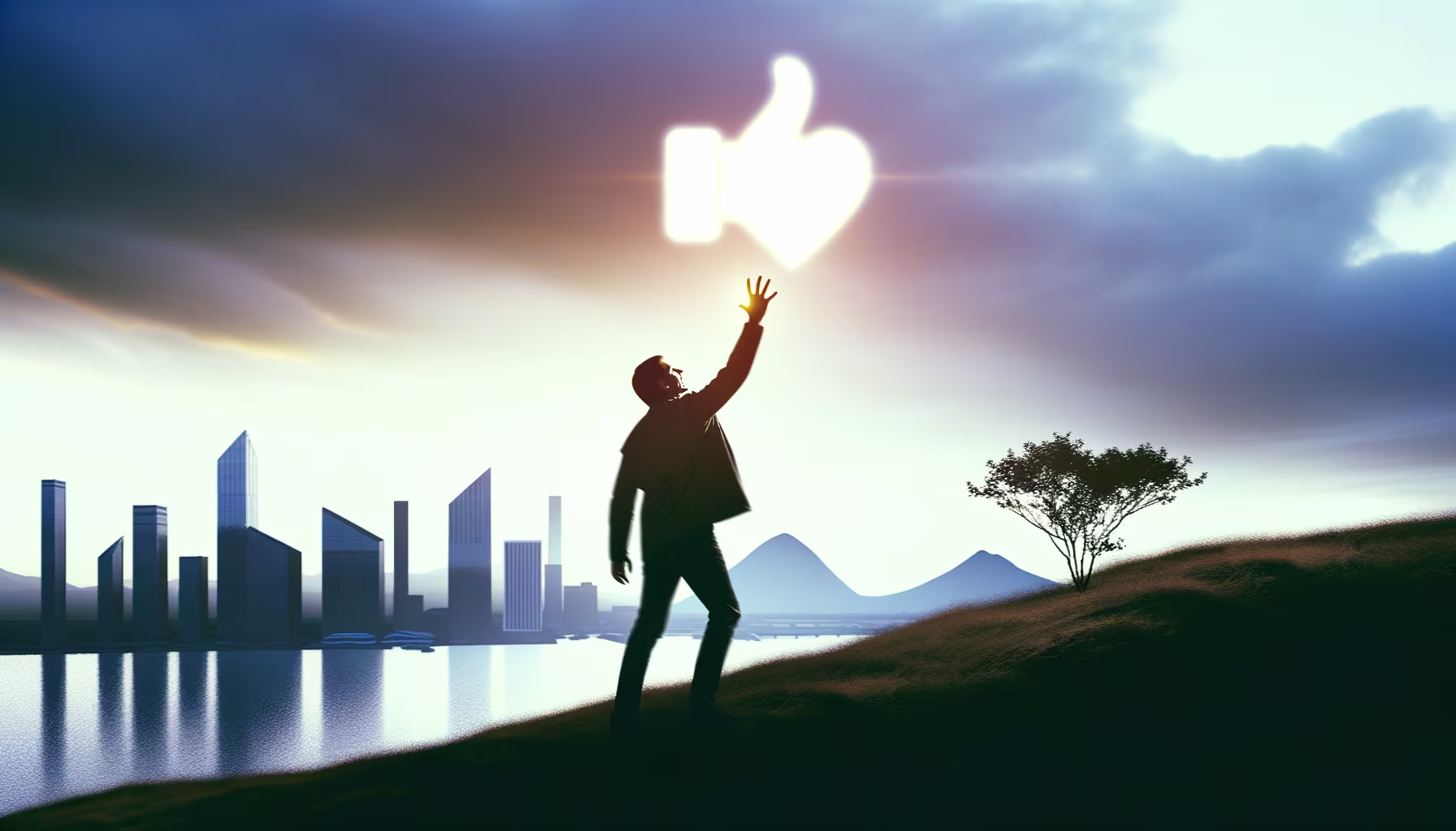 Silhouette einer Person, die auf einem Hügel nach einem leuchtenden Daumen-hoch-Symbol im Himmel greift, mit einer modernen Stadt am Wasser und Bergen im Hintergrund.