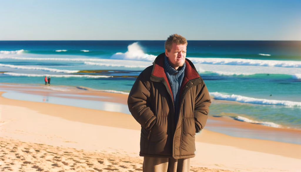 Ein Mann in einem warmen Wintermantel steht nachdenklich am Strand, während im Hintergrund die Wellen des Meeres brechen und weitere Personen zu sehen sind.