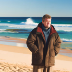 Ein Mann in einem warmen Wintermantel steht nachdenklich am Strand, während im Hintergrund die Wellen des Meeres brechen und weitere Personen zu sehen sind.