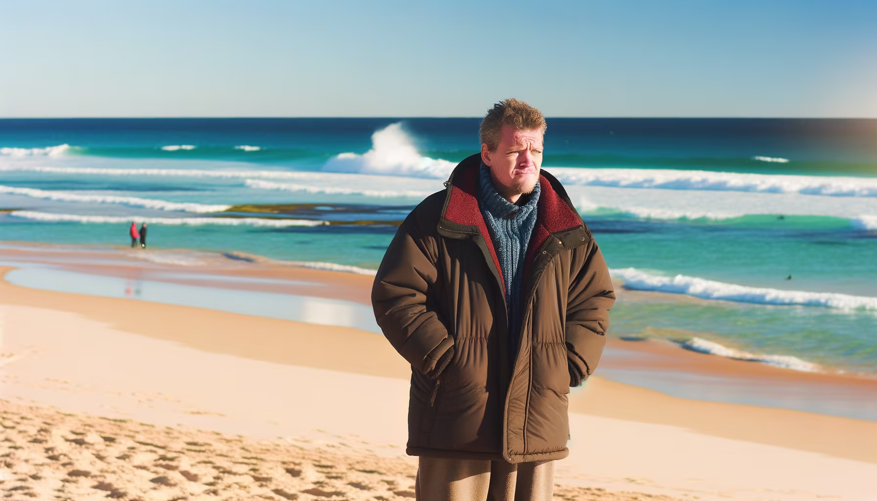 Ein Mann in einem warmen Wintermantel steht nachdenklich am Strand, während im Hintergrund die Wellen des Meeres brechen und weitere Personen zu sehen sind.