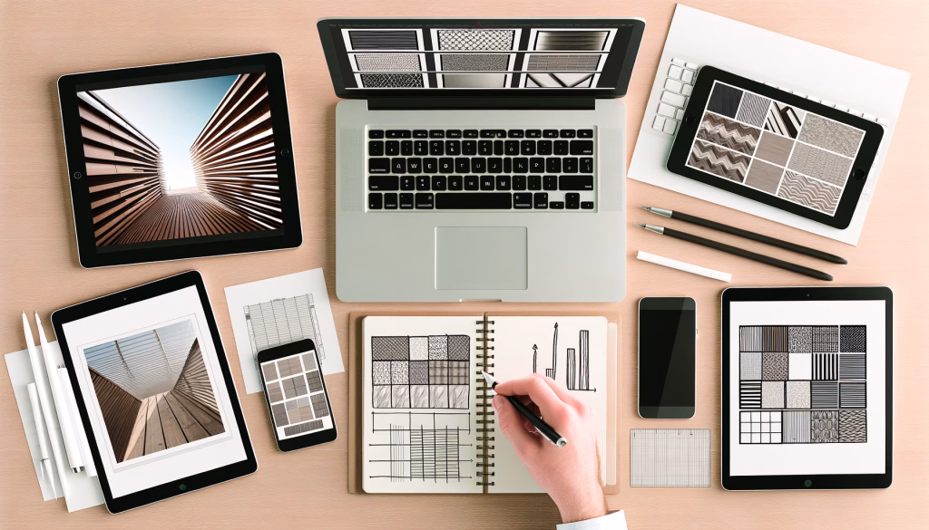 **Vorschlag (Text):** Auf einem hellen Holztisch sind von oben gesehen mehrere digitale Geräte und analoge Designmaterialien ausgebreitet. Ein offener Laptop im Zentrum zeigt eine Reihe von Mustern auf seinem Bildschirm. Links davon liegt ein Tablet mit dem Bild eines modernen Holzgangs, der sich zu einem hellen Punkt verjüngt. Rechts über einer weißen Tastatur befindet sich ein weiteres Tablet, ebenfalls mit einer Auswahl an Texturen. Im unteren Bereich des Tisches ist ein weiteres Tablet mit einer ähnlichen Architekturaufnahme zu sehen, daneben ein Smartphone. Eine Hand zeichnet in einem offenen Notizbuch Muster und Diagramme. Verschiedene Stifte und weitere Papiere sind ebenfalls auf dem Tisch verteilt. --- **Alternativtext:** Ansicht von oben auf einen hellen Holztisch mit einem Laptop, mehreren Tablets und einem Smartphone. Die Bildschirme der Geräte zeigen diverse digitale Muster und Architekturansichten. Eine Hand zeichnet in einem Notizbuch analoge Muster und Diagramme, umgeben von Stiften und Papieren.