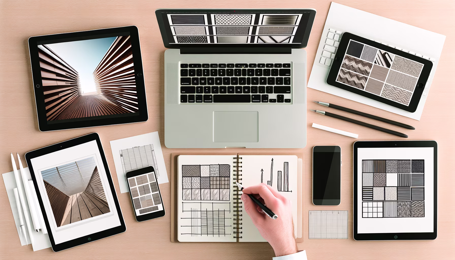 **Vorschlag (Text):** Auf einem hellen Holztisch sind von oben gesehen mehrere digitale Geräte und analoge Designmaterialien ausgebreitet. Ein offener Laptop im Zentrum zeigt eine Reihe von Mustern auf seinem Bildschirm. Links davon liegt ein Tablet mit dem Bild eines modernen Holzgangs, der sich zu einem hellen Punkt verjüngt. Rechts über einer weißen Tastatur befindet sich ein weiteres Tablet, ebenfalls mit einer Auswahl an Texturen. Im unteren Bereich des Tisches ist ein weiteres Tablet mit einer ähnlichen Architekturaufnahme zu sehen, daneben ein Smartphone. Eine Hand zeichnet in einem offenen Notizbuch Muster und Diagramme. Verschiedene Stifte und weitere Papiere sind ebenfalls auf dem Tisch verteilt. --- **Alternativtext:** Ansicht von oben auf einen hellen Holztisch mit einem Laptop, mehreren Tablets und einem Smartphone. Die Bildschirme der Geräte zeigen diverse digitale Muster und Architekturansichten. Eine Hand zeichnet in einem Notizbuch analoge Muster und Diagramme, umgeben von Stiften und Papieren.