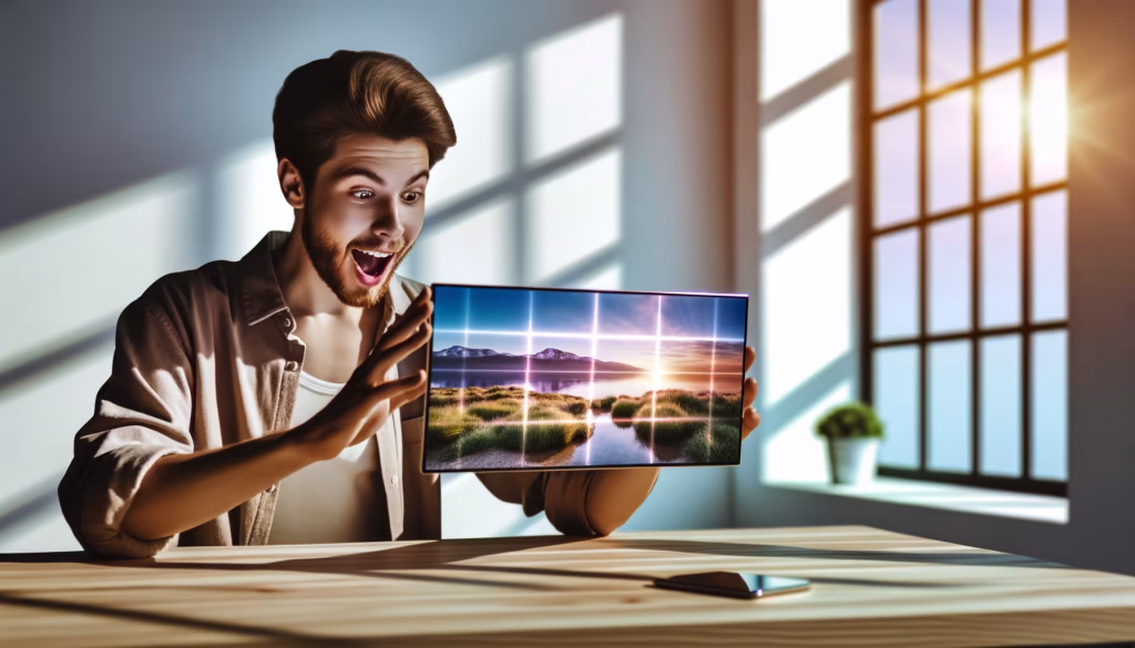 **Textvorschlag:** Ein junger Mann mit Bart und einem Ausdruck puren Staunens blickt auf ein Tablet, das er in seinen Händen hält. Sein Mund steht offen und seine Augen sind weit aufgerissen, während das leuchtende Licht des Bildschirms sein Gesicht erhellt. Auf dem Tablet ist eine atemberaubende digitale Landschaft zu sehen, die einen See, grasbewachsene Ufer und ferne Berge unter einem farbenfrohen Himmel zeigt, durchzogen von futuristisch anmutenden, leuchtenden Gitternetzen. Der Mann sitzt an einem hellen Holztisch; im Hintergrund fällt warmes Sonnenlicht durch ein großes Fenster und wirft deutliche Schatten an die Wand. Ein Smartphone liegt ungenutzt auf dem Tisch. Die Szene vermittelt ein Gefühl von technologischer Begeisterung und visueller Immersion. --- **Alternativtext:** Ein junger Mann blickt mit begeistertem und staunendem Ausdruck auf ein leuchtendes Tablet, das ein digitales Landschaftsbild mit überlagerten Gitternetzen zeigt.