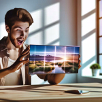 **Textvorschlag:** Ein junger Mann mit Bart und einem Ausdruck puren Staunens blickt auf ein Tablet, das er in seinen Händen hält. Sein Mund steht offen und seine Augen sind weit aufgerissen, während das leuchtende Licht des Bildschirms sein Gesicht erhellt. Auf dem Tablet ist eine atemberaubende digitale Landschaft zu sehen, die einen See, grasbewachsene Ufer und ferne Berge unter einem farbenfrohen Himmel zeigt, durchzogen von futuristisch anmutenden, leuchtenden Gitternetzen. Der Mann sitzt an einem hellen Holztisch; im Hintergrund fällt warmes Sonnenlicht durch ein großes Fenster und wirft deutliche Schatten an die Wand. Ein Smartphone liegt ungenutzt auf dem Tisch. Die Szene vermittelt ein Gefühl von technologischer Begeisterung und visueller Immersion. --- **Alternativtext:** Ein junger Mann blickt mit begeistertem und staunendem Ausdruck auf ein leuchtendes Tablet, das ein digitales Landschaftsbild mit überlagerten Gitternetzen zeigt.