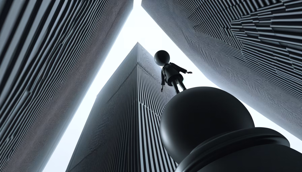 Auf dem Weg nach oben **Alternativtext:** Eine stilisierte menschliche Figur steht auf einem Schachbauern und blickt zu hohen Wolkenkratzern unter einem hellen Himmel auf.