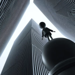 Auf dem Weg nach oben **Alternativtext:** Eine stilisierte menschliche Figur steht auf einem Schachbauern und blickt zu hohen Wolkenkratzern unter einem hellen Himmel auf.