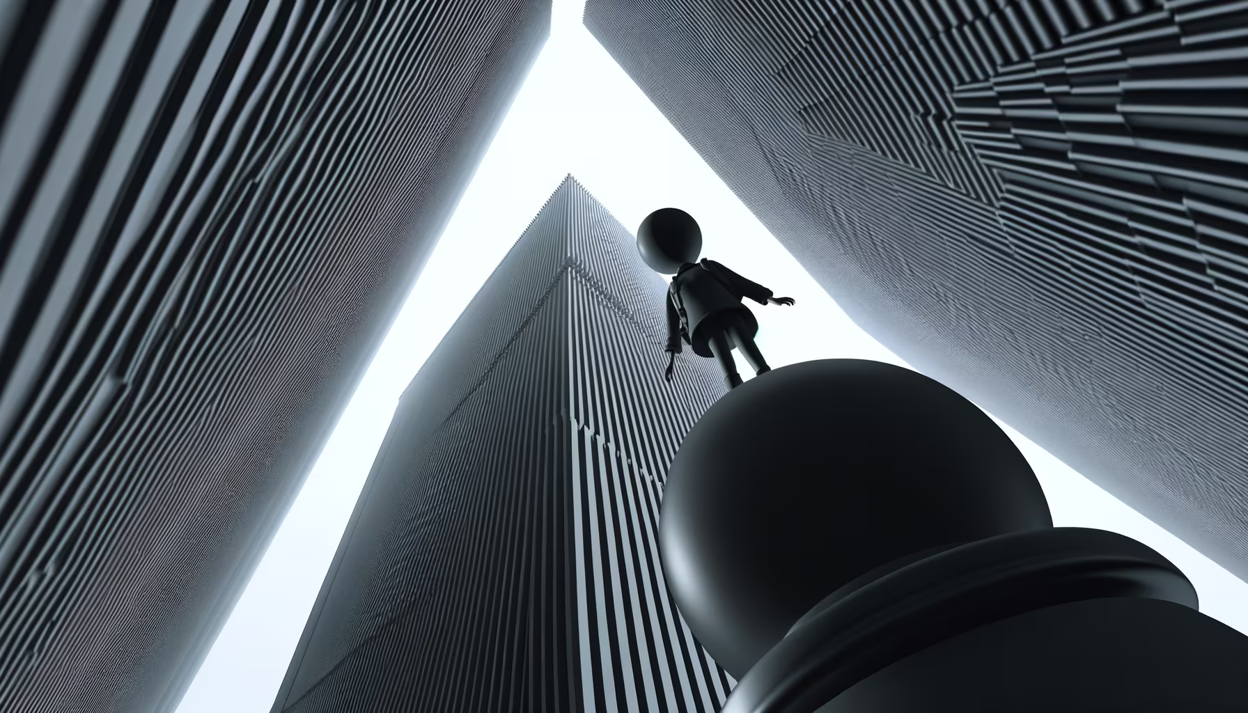 Auf dem Weg nach oben **Alternativtext:** Eine stilisierte menschliche Figur steht auf einem Schachbauern und blickt zu hohen Wolkenkratzern unter einem hellen Himmel auf.