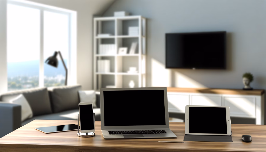 Ein heller Home-Office-Arbeitsplatz mit einem Laptop, einem Smartphone und Tablets auf einem Holztisch vor einem modernen Wohnzimmer mit Sofa und Fensterblick.