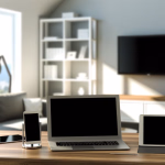 Ein heller Home-Office-Arbeitsplatz mit einem Laptop, einem Smartphone und Tablets auf einem Holztisch vor einem modernen Wohnzimmer mit Sofa und Fensterblick.