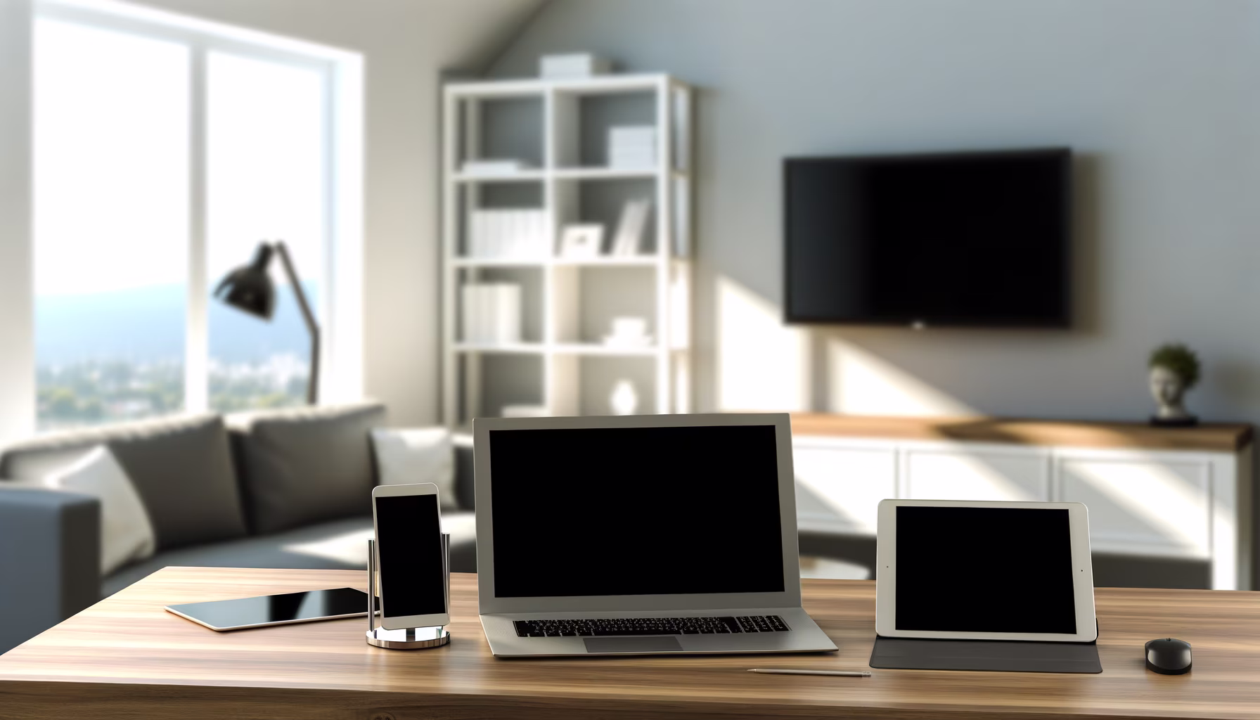 Ein heller Home-Office-Arbeitsplatz mit einem Laptop, einem Smartphone und Tablets auf einem Holztisch vor einem modernen Wohnzimmer mit Sofa und Fensterblick.