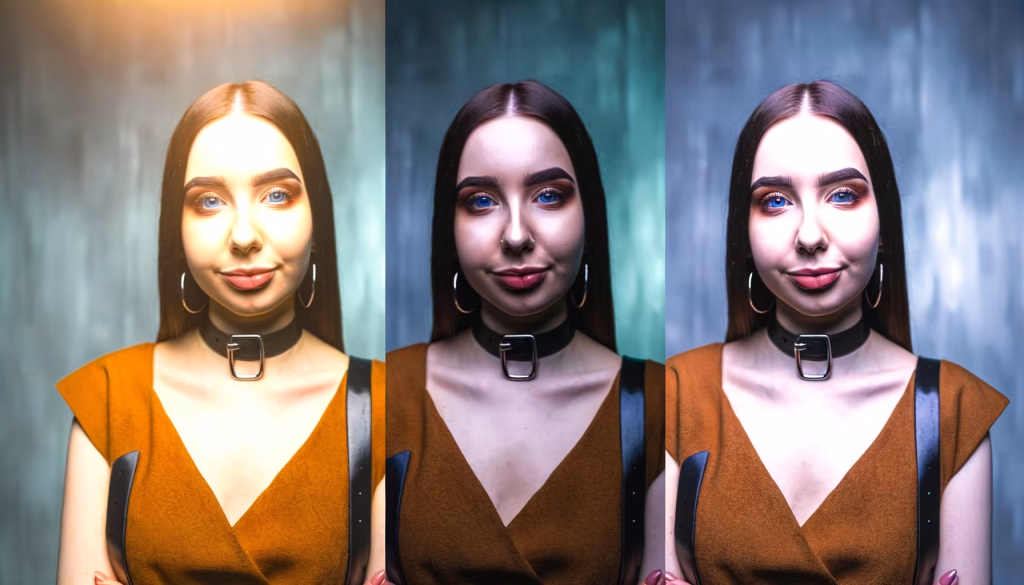 Dieses dreigeteilte Bild demonstriert eindrucksvoll, wie unterschiedliche Beleuchtung und Farbgebung die Stimmung eines Porträts verändern können. Die junge Frau mit den leuchtend blauen Augen und dem zarten Lächeln erscheint im ersten Bild warm und hell beleuchtet, was eine einladende Atmosphäre schafft. In den folgenden Abschnitten wird die Szene durch kühlere Blau- und Grautöne transformiert, wodurch ein dramatischerer und geheimnisvollerer Ausdruck entsteht, während ihre markanten Merkmale weiterhin im Vordergrund stehen. **Alternativtext:** Dreifaches Porträt einer jungen Frau, das die dramatische Wirkung unterschiedlicher Lichtstimmungen – von warmem Gold bis zu kühlem Blau – auf dasselbe Motiv zeigt.