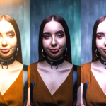 Dieses dreigeteilte Bild demonstriert eindrucksvoll, wie unterschiedliche Beleuchtung und Farbgebung die Stimmung eines Porträts verändern können. Die junge Frau mit den leuchtend blauen Augen und dem zarten Lächeln erscheint im ersten Bild warm und hell beleuchtet, was eine einladende Atmosphäre schafft. In den folgenden Abschnitten wird die Szene durch kühlere Blau- und Grautöne transformiert, wodurch ein dramatischerer und geheimnisvollerer Ausdruck entsteht, während ihre markanten Merkmale weiterhin im Vordergrund stehen. **Alternativtext:** Dreifaches Porträt einer jungen Frau, das die dramatische Wirkung unterschiedlicher Lichtstimmungen – von warmem Gold bis zu kühlem Blau – auf dasselbe Motiv zeigt.