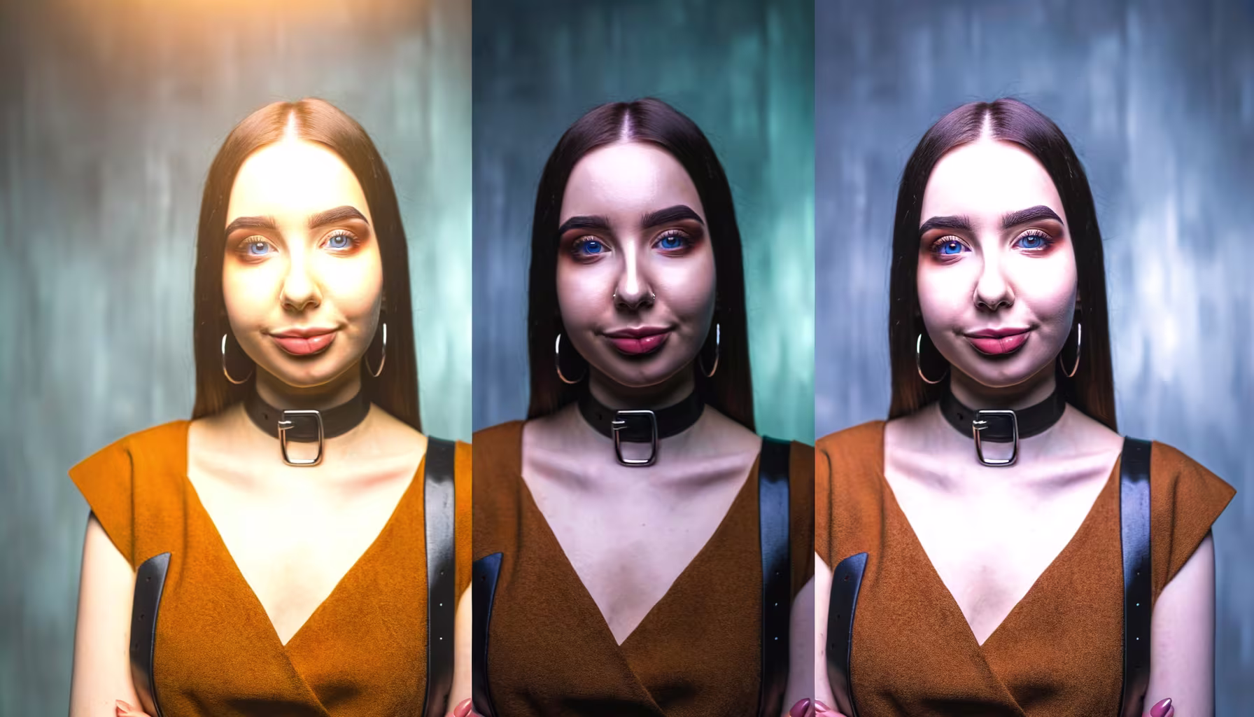 Dieses dreigeteilte Bild demonstriert eindrucksvoll, wie unterschiedliche Beleuchtung und Farbgebung die Stimmung eines Porträts verändern können. Die junge Frau mit den leuchtend blauen Augen und dem zarten Lächeln erscheint im ersten Bild warm und hell beleuchtet, was eine einladende Atmosphäre schafft. In den folgenden Abschnitten wird die Szene durch kühlere Blau- und Grautöne transformiert, wodurch ein dramatischerer und geheimnisvollerer Ausdruck entsteht, während ihre markanten Merkmale weiterhin im Vordergrund stehen. **Alternativtext:** Dreifaches Porträt einer jungen Frau, das die dramatische Wirkung unterschiedlicher Lichtstimmungen – von warmem Gold bis zu kühlem Blau – auf dasselbe Motiv zeigt.