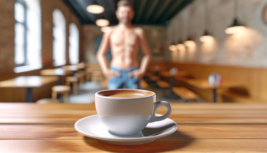 Eine Nahaufnahme einer Kaffeetasse auf einem Holztisch, während im unscharfen Hintergrund ein oberkörperfreier Mann in Jeans in einem Café steht.