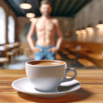 Eine Nahaufnahme einer Kaffeetasse auf einem Holztisch, während im unscharfen Hintergrund ein oberkörperfreier Mann in Jeans in einem Café steht.