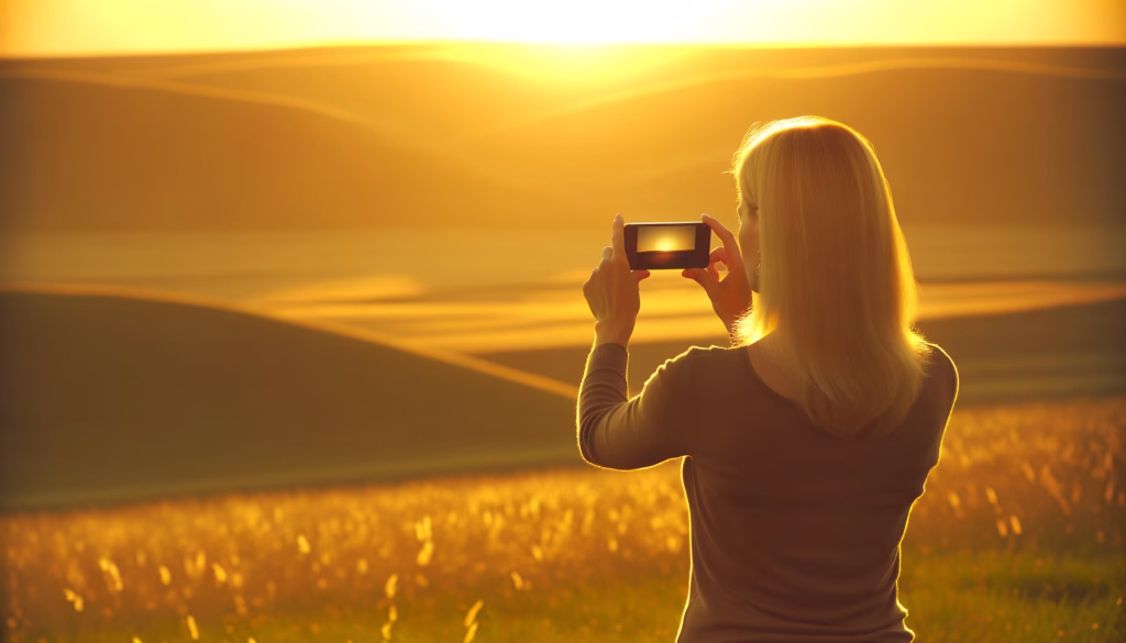 Eine blonde Frau fotografiert mit ihrem Smartphone einen goldenen Sonnenuntergang über sanften Hügeln, wobei das Display des Telefons die eingefangene Szene zeigt.