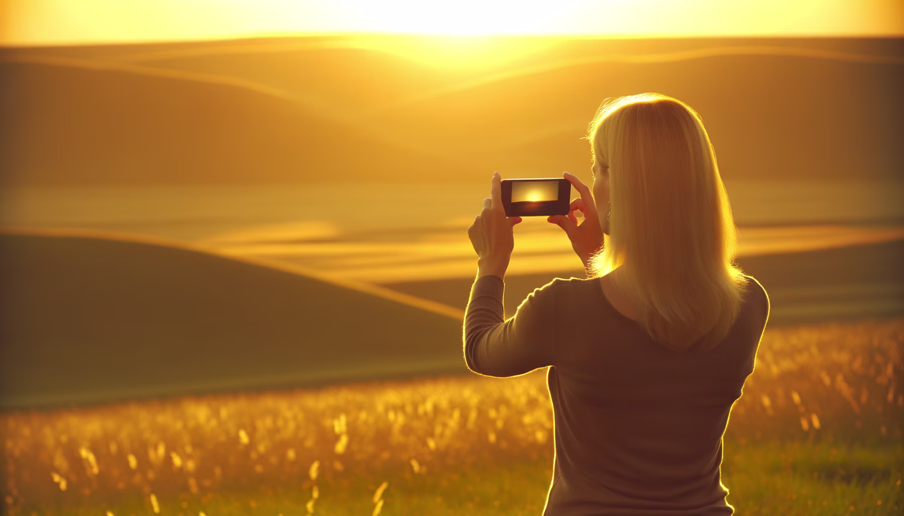 Eine blonde Frau fotografiert mit ihrem Smartphone einen goldenen Sonnenuntergang über sanften Hügeln, wobei das Display des Telefons die eingefangene Szene zeigt.