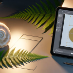 Ein Stillleben mit einer Schneckenhaus, Farnblättern und einem Tablet, auf dem eine goldene Spirale in einem Grafikprogramm dargestellt wird.