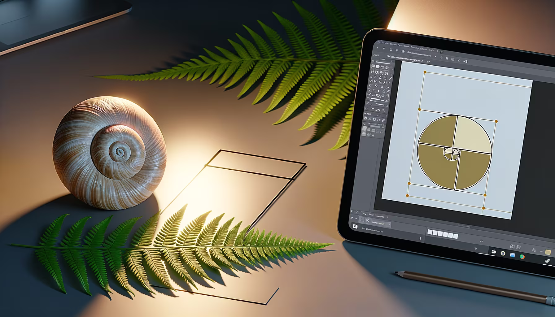 Ein Stillleben mit einer Schneckenhaus, Farnblättern und einem Tablet, auf dem eine goldene Spirale in einem Grafikprogramm dargestellt wird.